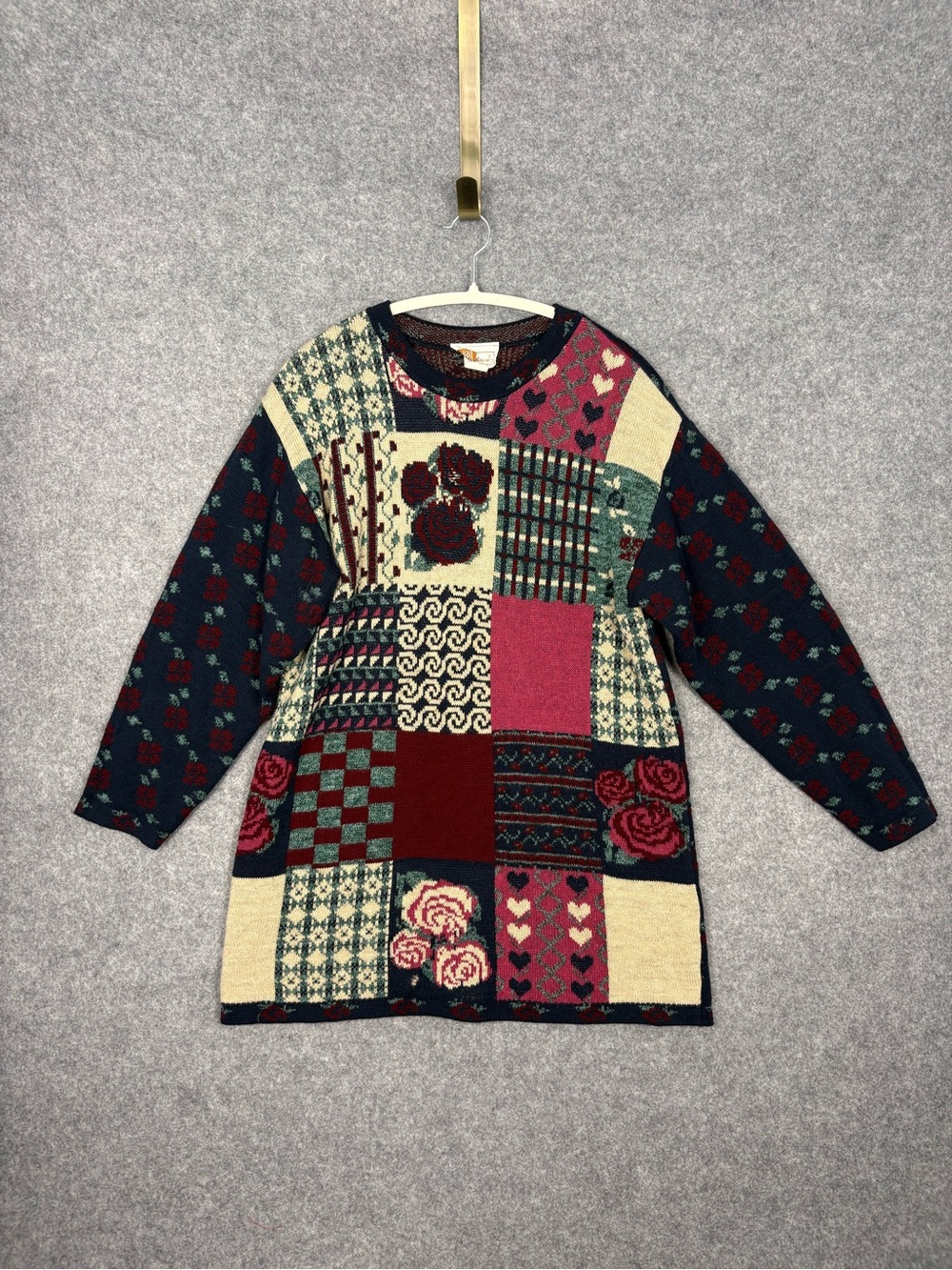 Tradition Patchwork Floral Rose Longline Knit Sweater